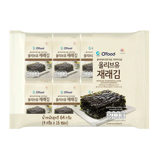 Pack of DAESANG Seaweed Olive Oil Laver sheets, 4g each, showcasing crispy seaweed with olive oil coating in a colorful bundle.