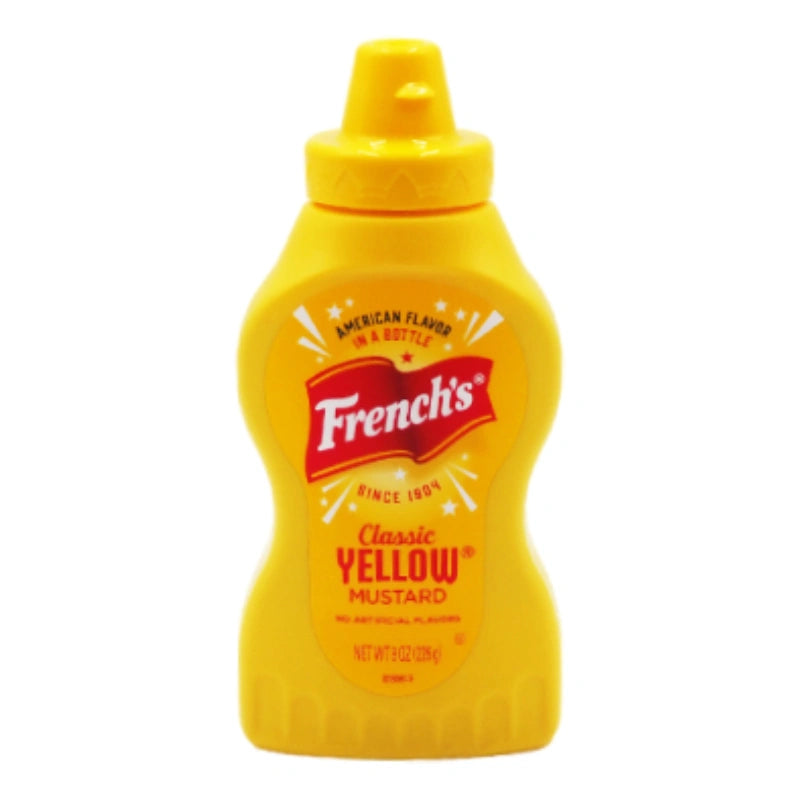 French's mustard jar with 226g label, showing the classic yellow mustard in a clear glass jar.