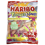 Haribo Saure Pommes confectionery snacks featuring sour apple-flavored gummy fries in colorful packaging.