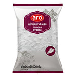 Aro Tapioca Starch 1kg bag, dry grocery product, showing the white powder inside the packaging.