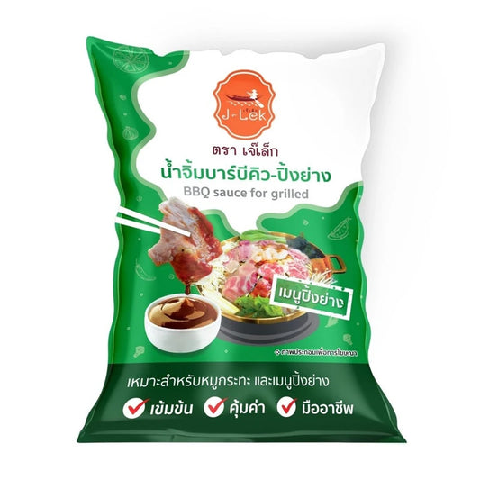 J-LEK BBQ grilling dipping sauce bag, 1000g, showing the sauce in a resealable bag with label and branding details.