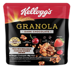 Kellogg's Dark Chocolate Granola in a clear bowl, showing crunchy dark chocolate granola pieces with oats and cocoa.