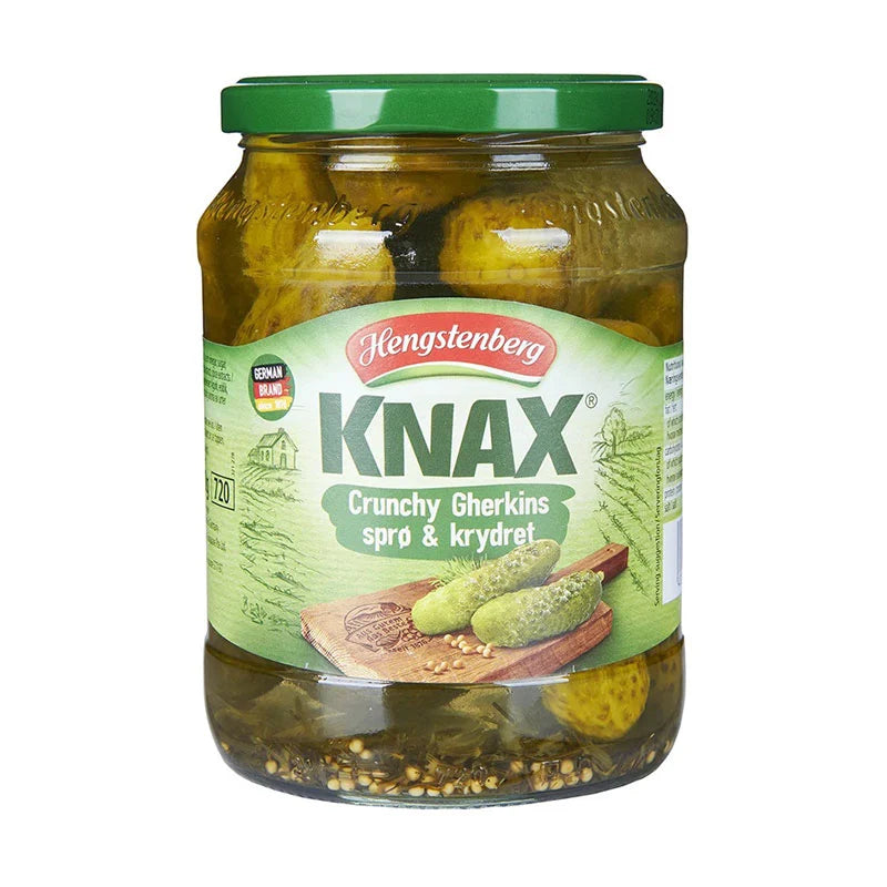 Hengstenberg Knax Crunchy Gherkins in a jar, showing fresh, crispy pickled cucumbers with bright green color and label.