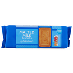 Sainsbury's Malted Milk Biscuits in a package, showing golden-brown biscuits with malted flavor and crispy texture.