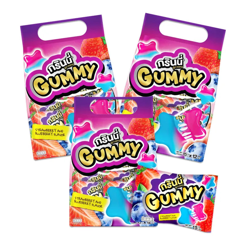 GRINNY Pectin Gummy Stars in strawberry and blueberry flavors, 15g packs, 12 pieces per pack, three packs shown.