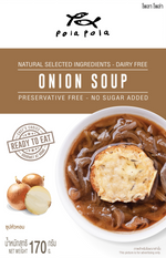 Pola Pola Onion Soup packet from the grocery section, featuring branding and product label with onion soup illustration.
