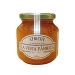 Jar of LA Vieja Fabrica Apricot Mermelada in 350g glass jar, showing apricot jam with a golden-orange color.