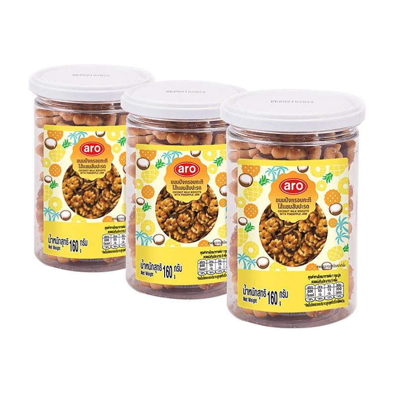Aro Coconut Pineapple Jam Biscuits in a 160g pack, showing golden biscuits with coconut and pineapple flavor.