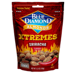 Blue Diamond Almonds Sriracha flavor, spicy and flavorful confectionery snack with blue packaging and almonds in a close-up view.