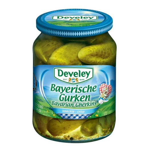 DEVELEY Bavarian large pickled gherkin cucumbers in a jar, showcasing glossy, crunchy, and whole cucumbers ready for snacking or cooking.