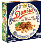 Danisa Choco Cashew Butter Cookies, confectionery snacks with chocolate and cashew filling, displayed on a white plate.