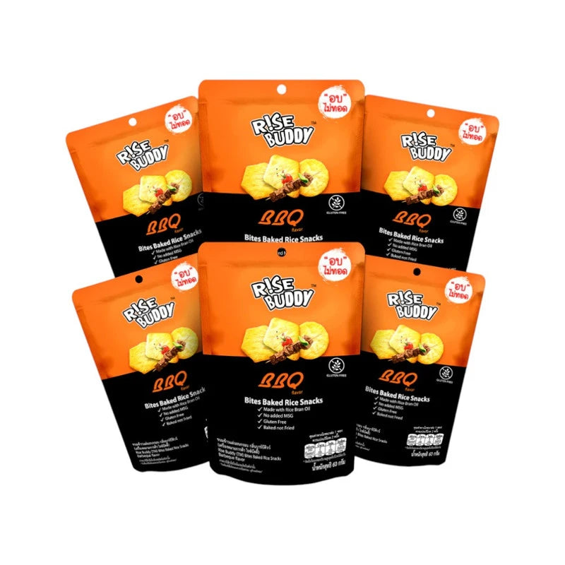 RISE BUDDY Crispy Rice Snack with smoked Katsuobushi flavor, pack of 6, showcasing baked, crispy rice snacks in a colorful package.