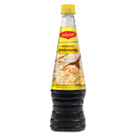 Bottle of Maggi Seasoning Sauce with a dark liquid inside, used for enhancing flavor in cooking and recipes.
