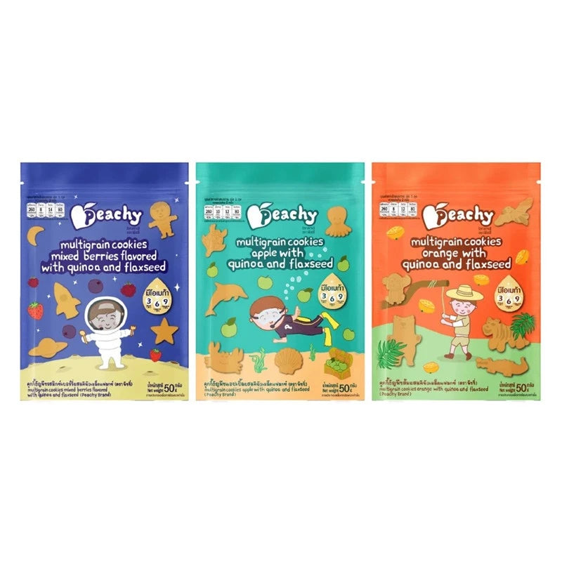 PEACHY grain cookies pack with three bags of assorted berry, apple, and orange flavors, featuring colorful cookie images.