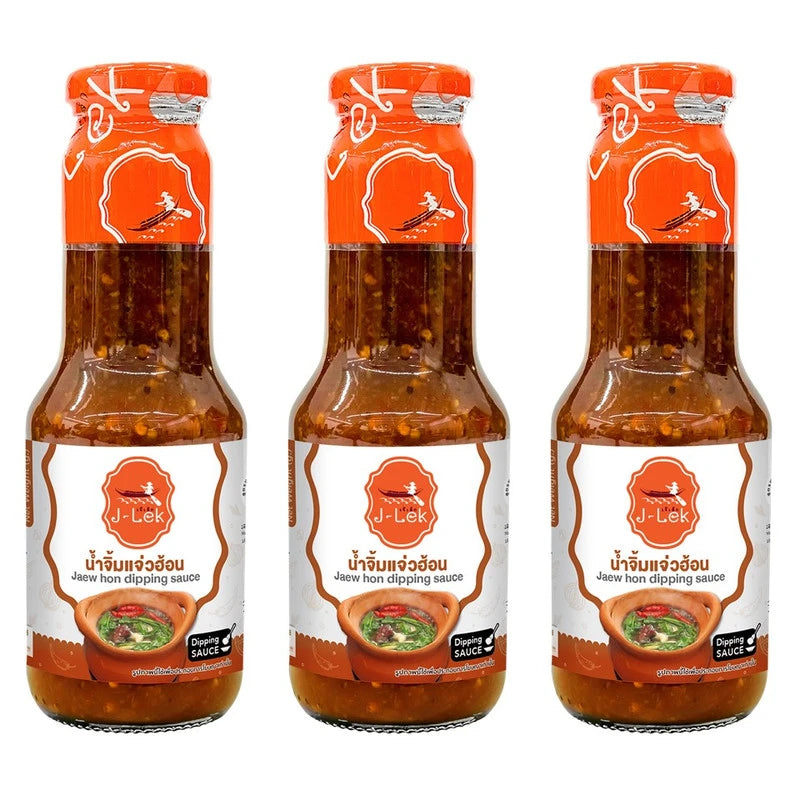 Three bottles of J-Lek Jaew Hon Dipping Sauce, 355G each, featuring clear bottles with red and white labels.