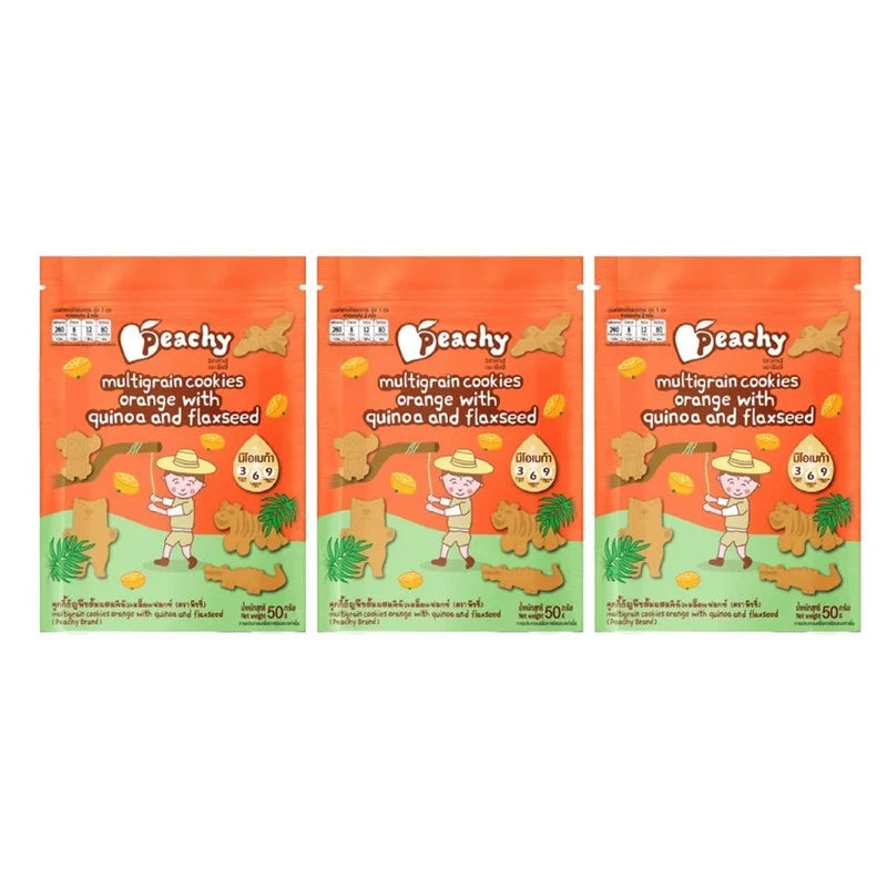 PEACHY Grain Cookies pack with three bags featuring berry, apple, and orange flavors, crispy snack with colorful packaging.