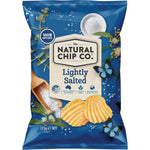 Lightly salted Natural Chip Co. confectionery snack chips in a clear bowl, showcasing their crispy texture and golden color.