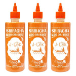 J-LEK Sriracha Chili Sauce and Mayonnaise bottles, 240g, dry grocery product, spicy chili and creamy mayonnaise condiment set