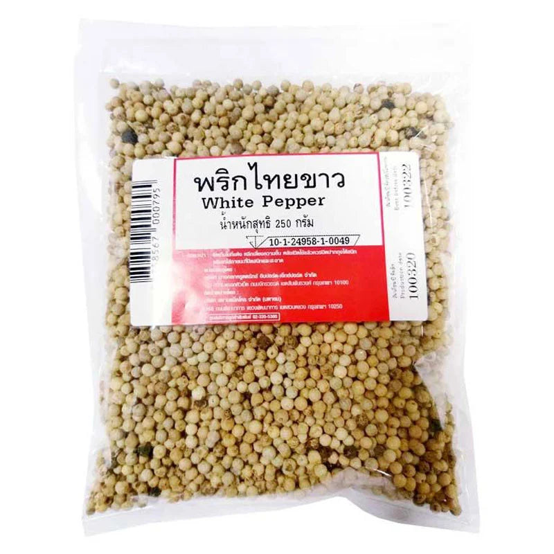 MAKRO White Pepper 250g jar, showing white pepper grains in clear container, ideal for seasoning dishes with subtle flavor.