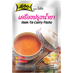 Lobo Nam Ya curry paste in a jar, rich and flavorful Thai grocery product with a red and yellow label showing ingredients.