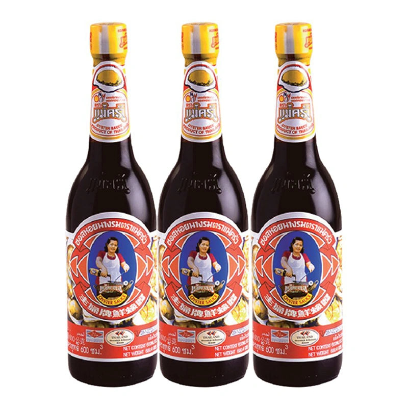 Bottle of MAEKRUA Oyster Sauce 600ml, three-pack, featuring dark, glossy sauce in clear plastic bottles with red caps.