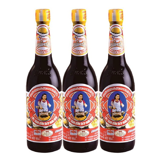 Bottle of MAEKRUA Oyster Sauce 600ml, three-pack, featuring dark, glossy sauce in clear plastic bottles with red caps.