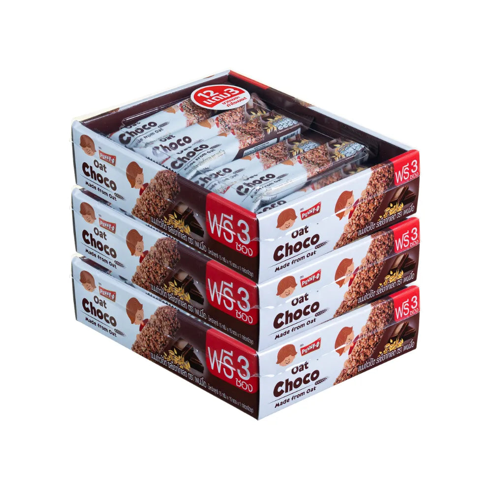 PENNYO Chocolate Flavor Oatmeal Snacks in 15g sachets, 15 pack, featuring chocolate-coated oatmeal bites in a colorful package.