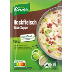 Knorr Fix Hackfleisch Käse Suppe in a bowl with cooked ground meat and melted cheese, ready to serve.