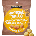 A close-up of Amazeballs Cheddar Cheese confectionery snacks in colorful packaging with cheesy snacks inside.