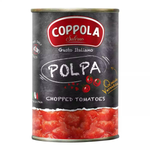 Coppola Polpa chopped tomatoes in a can, fresh and ripe tomato pulp for cooking and recipes, grocery product.