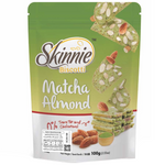Skinnie Matcha Almond confectionery snacks featuring green tea-flavored coating and crunchy almond pieces in a close-up image.