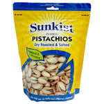 Sunkist salted pistachios in 454g bag, dry grocery snack, close-up of shelled pistachios with salted coating