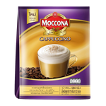 A cup of Moccona Cappuccino drink with frothy milk and coffee in a white mug, showcasing the creamy beverage and rich coffee flavor.