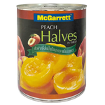 Canned McGarrett Peach Halves in syrup, packed in a can, ready for use in desserts or recipes.