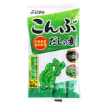 Shimaya Kombo Dashi Karyu powder in a clear container, showing the Japanese seafood soup stock used in cooking.