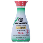 Bottle of Kikkoman Less Salt Soy Sauce showing the label and cap, ideal for adding flavor with reduced sodium in cooking.