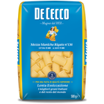 De Cecco Mezze Maniche pasta in a package, featuring the brand name and product type on the label.