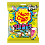 Chupa Chups Sour Tubes confectionery snacks in colorful packaging with fruity flavors, showcasing the bright, fun design.
