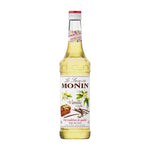 Bottle of Monin Vanilla Syrup 700ml for dry grocery, featuring a clear label and dark vanilla flavored syrup inside.
