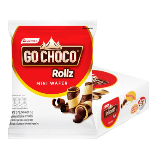 GO CHOCO Mini Wafer Rolls 20g pack, showing multiple golden wafer rolls with chocolate filling on a white background.
