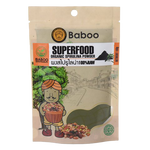 Organic Baboo Spirulina healthy confectionery snack in a colorful package, showcasing raw spirulina pieces and vibrant branding.