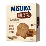 Misura Whole Wheat Rusks in a clear package, a healthy confectionery snack with crispy, golden-brown texture.