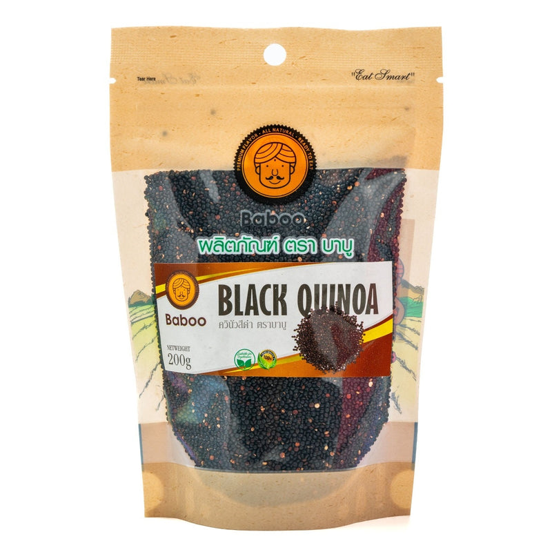 Baboo black quinoa healthy snack in a clear bowl, highlighting the dark, crunchy quinoa grains for nutritious confectionery.