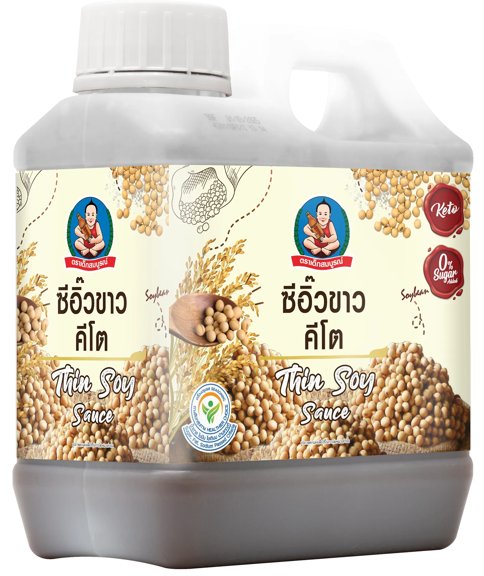Bottle of DEKSOMBOON Thin Soy Sauce Keto in a 1000 ml container, featuring clear packaging and dark soy sauce inside.