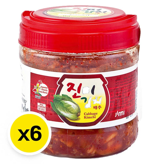 JINMI Cabbage Kimchi in a 1 kg pack, shown in a clear image, featuring fermented cabbage with spicy seasoning.