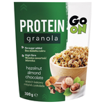 Go On Protein Granola with nuts and chocolate in a bowl, showcasing the crunchy texture and chocolate chunks in the grocery product image.