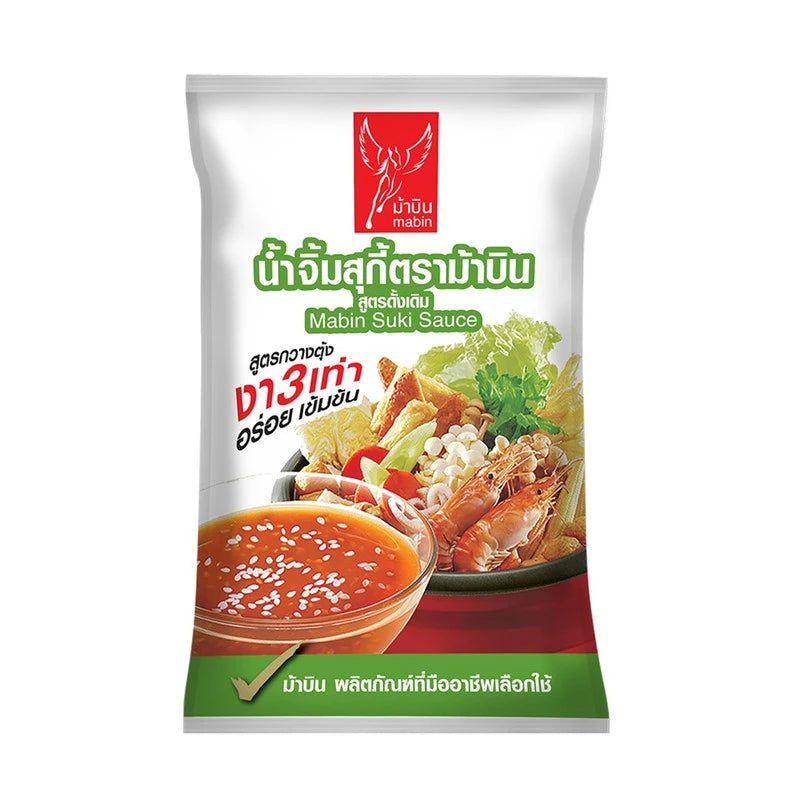 MABIN Sukiyaki Sauce 1 Kg jar showing the label and dark soy-based sauce inside, ideal for Japanese hot pot dishes.