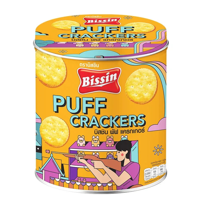 BISSIN Puff Crackers 400g package with crispy, golden puffed crackers shown in the image.