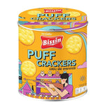 BISSIN Puff Crackers 400g, dry grocery snack with crispy, golden puffed crackers in a sealed packaging.