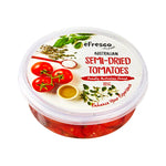 Makro semi-dried tomatoes in 185g package, showing dried tomato slices in a clear container, ideal for dry grocery use.